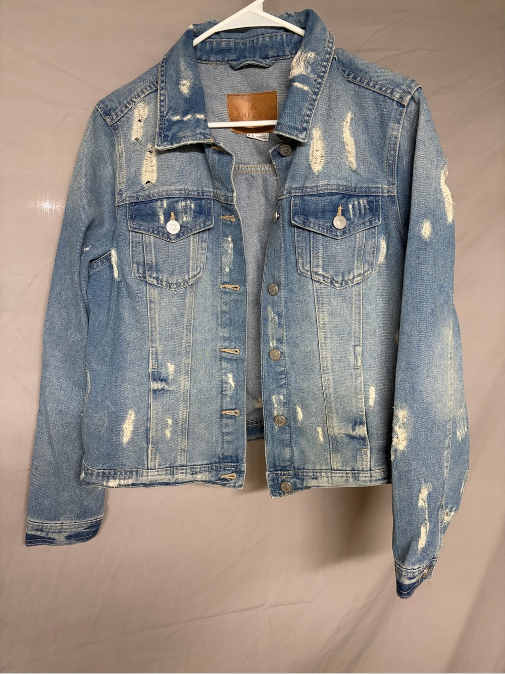 One5One Distressed Light Blue Denim Jacket - Women's L